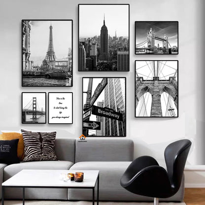 Modern Iconic Cities Wall Art - New York, London, Paris, Sydney City Landmark Landscape Poster Canvas Painting Wall Art Black White Pictures Home Room Decor