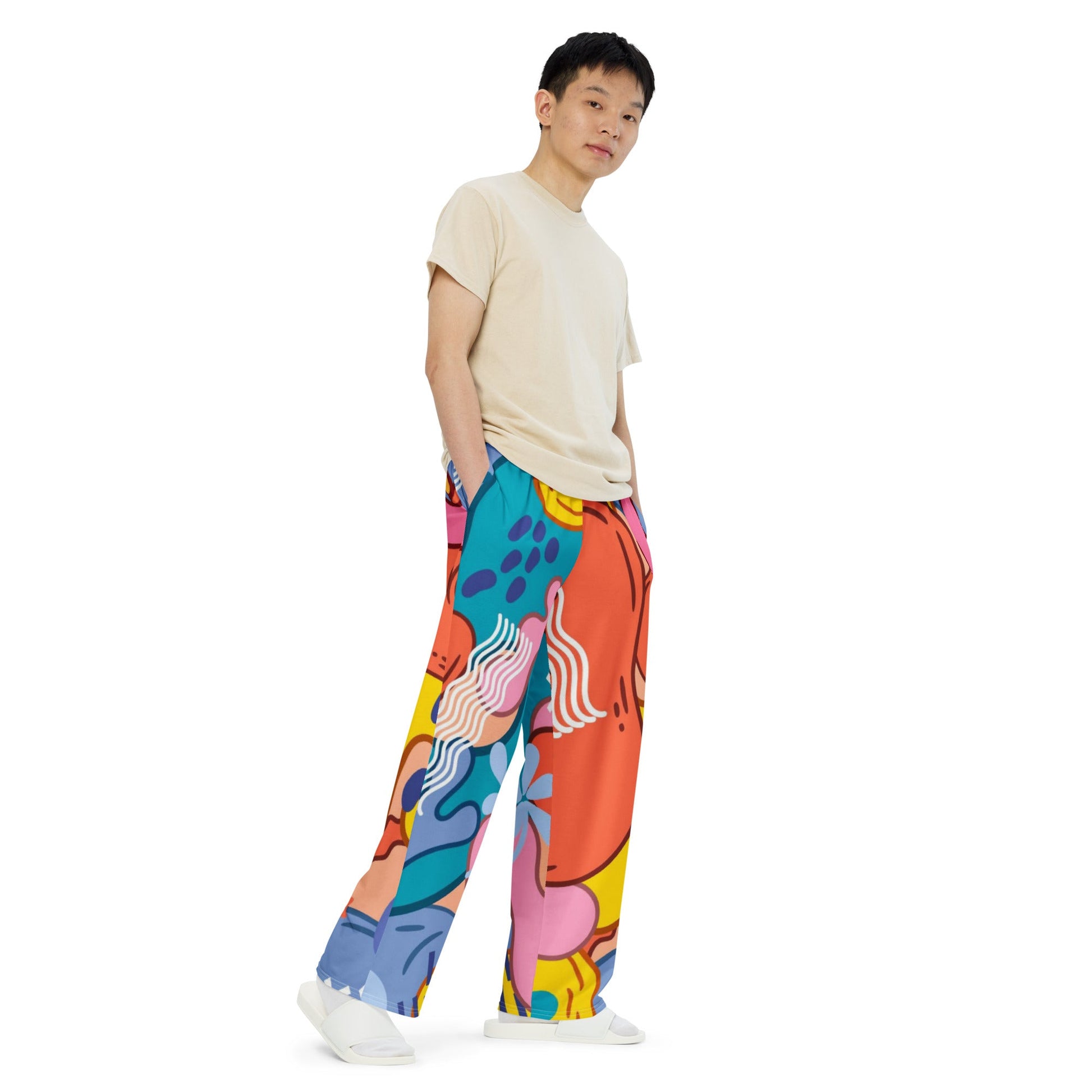 Vibrant All-Over Print Unisex Wide-Leg Pants - Colorful, Playful, and Stylish