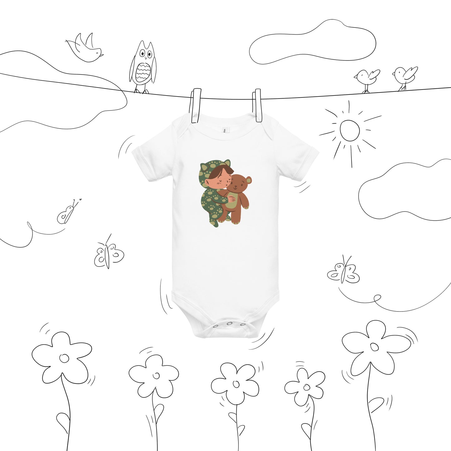 Sweet Baby with Teddy Bear Short Sleeve One Piece - Cozy Cotton, Adorable Design, Cuddle Time