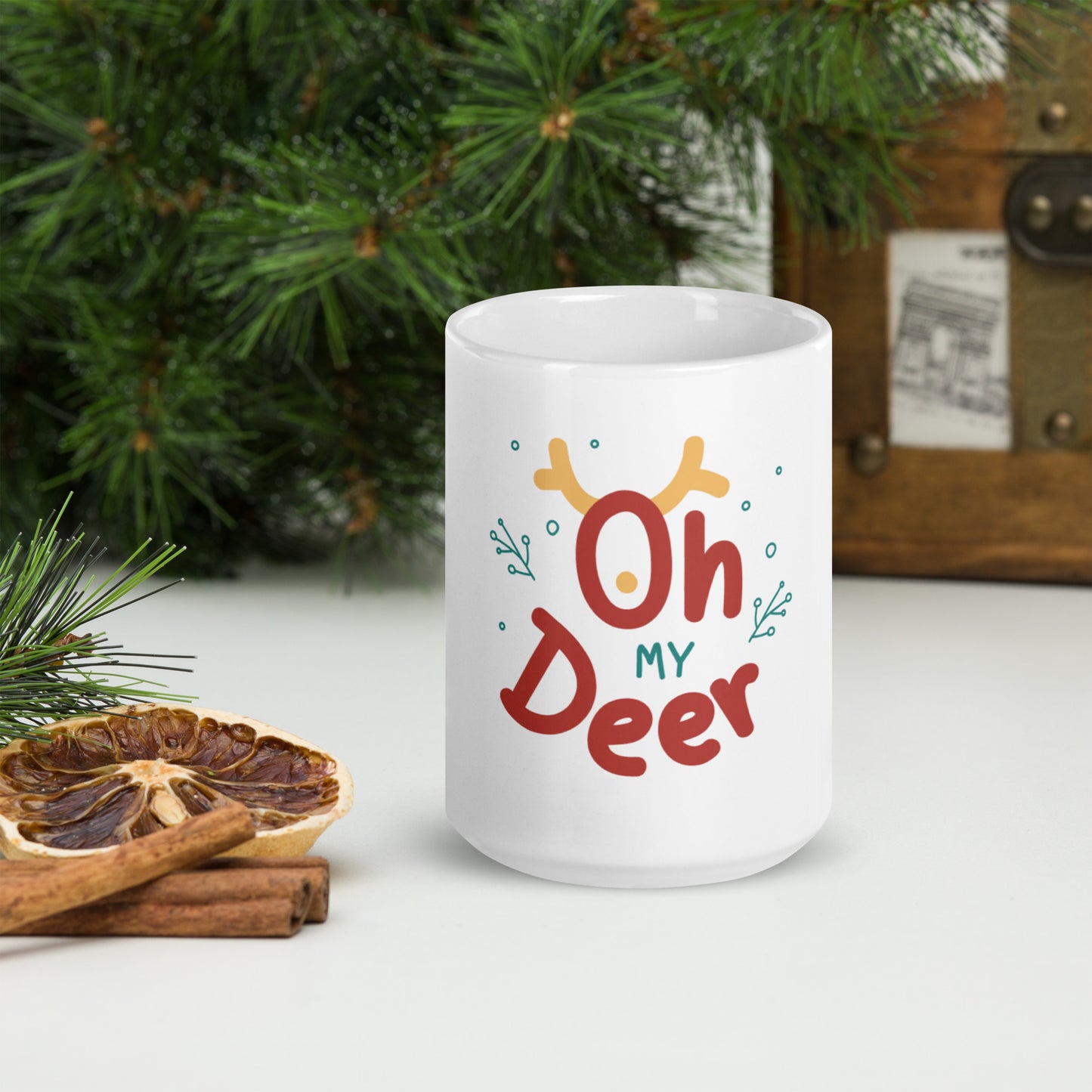 Oh Deer Christmas White Glossy Mug - Whimsical Holiday Drinkware for Festive Moments