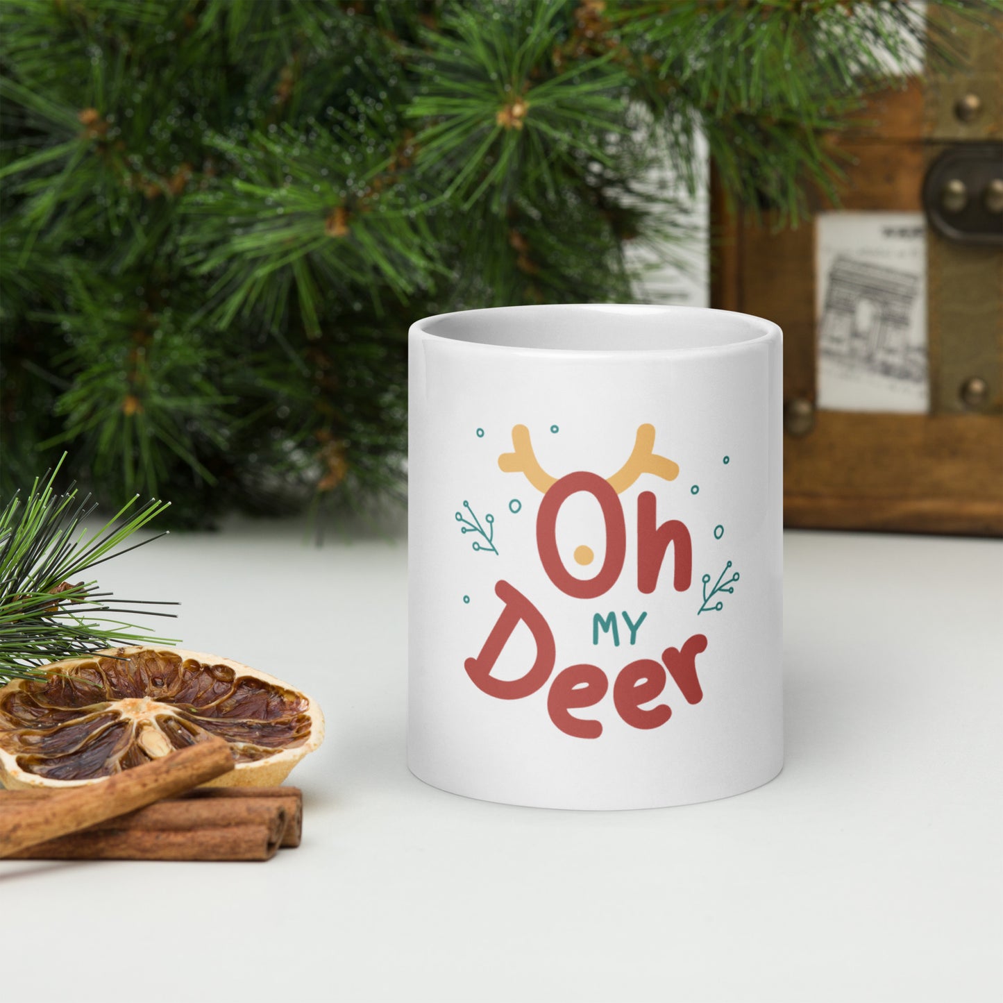 Oh Deer Christmas White Glossy Mug - Whimsical Holiday Drinkware for Festive Moments