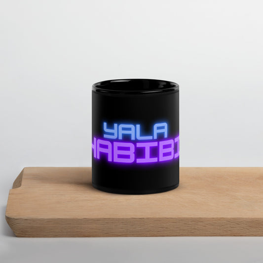 Yala Habibi Neon retro Lettering design - Black Glossy Mug - Albasat Designs